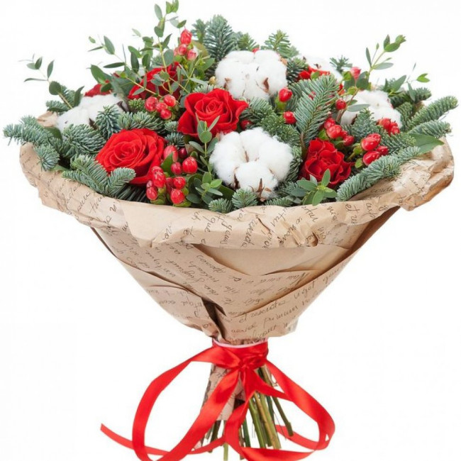 Букет цветов "Новогодний букет из роз и хлопка"